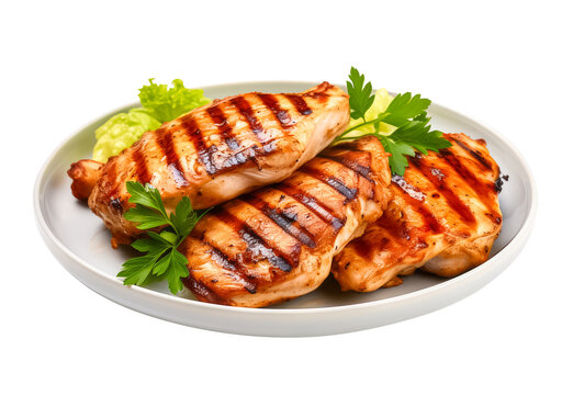 grilled chicken fillet breasts on a white plate isolated on a transparent background