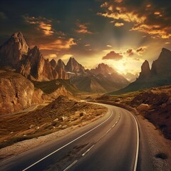 Highway with mountain scenery sunset AI Generated pictures