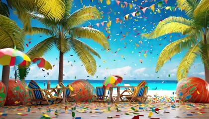 sun, party, beach, palm, plants, confetti, summer, colors, streamers - obrazy, fototapety, plakaty