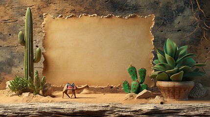 A desert scene with sand, cacti and a blank valentine's card on a rustic wooden board.  - obrazy, fototapety, plakaty