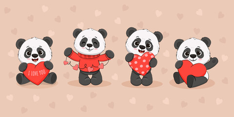 set of cute cartoon panda with a red heart on colorful background with hearts. Funny panda bear cub. Valentine's day, Mothers day card. 