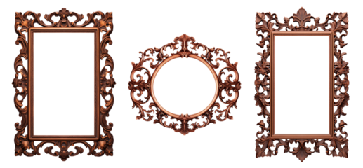 Wooden frames on transparent background. Decorative elegant luxury design, frame set, collection, rococo style, isolated on transparent background