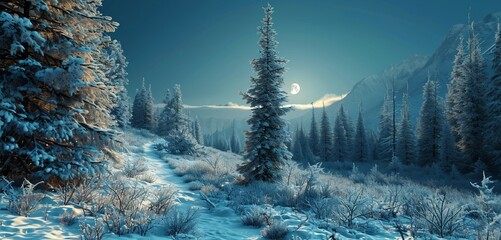 Witness the enchanting allure of a 3D Christmas snowy scene, with a landscape covered in snow, elegant fir trees standing tall, and the moon casting its soft light on the peaceful winter night. - obrazy, fototapety, plakaty