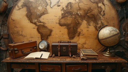 Obraz premium An antique world map as the background, with a compass, an old-fashioned suitcase and a blank valentine's card. 
