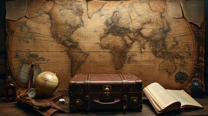 An antique world map as the background, with a compass, an old-fashioned suitcase and a blank...