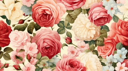 Fototapeta premium Summer blooming tender roses, holiday background, pastel and soft bouquet floral background, seamless pattern