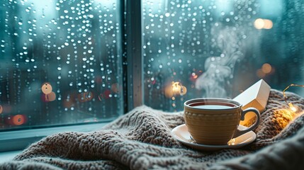 A window with raindrops as the background, a steaming cup of tea, a cozy blanket and a blank valentine's card. 