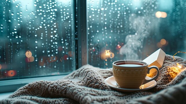 Fototapeta A window with raindrops as the background, a steaming cup of tea, a cozy blanket and a blank valentine's card. 