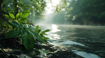 Obraz na płótnie Canvas Witness the magic of a 3D-rendered river, adorned with a green leaf in the foreground, and a misty background that adds a layer of mystery and tranquility to the natural setting.
