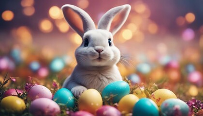 Happy Easter Bunny with many colorful easter eggs 