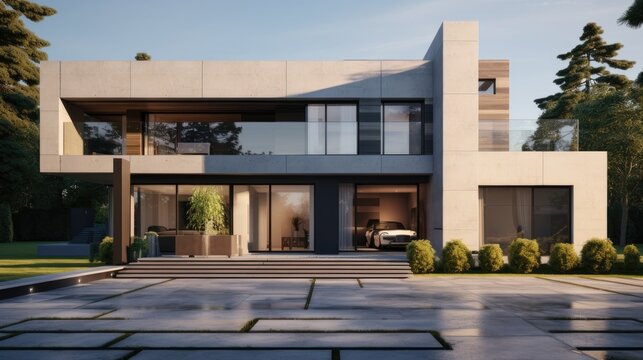 Front view of modern designed concrete residential house.