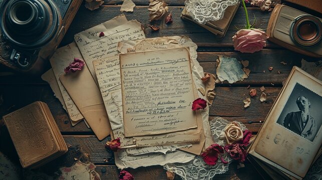 An arrangement of antique-style valentine's cards, faded love letters and old photographs spread out on a rustic wooden table. 