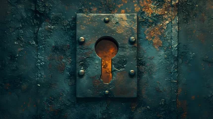 Photo sur Plexiglas Vielles portes Experience the intrigue of our stock photo showcasing the master keyhole on an old door or chest, symbolizing security and safekeeping. Hand-edited with generative AI for a distinctive touch.