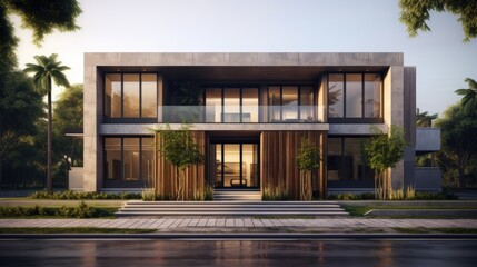 Fototapeta premium Front view of modern designed concrete residential house.