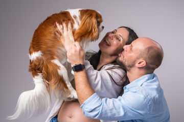 Happy family expecting a baby with a dog. Pregnant woman with bare pregnant belly and man playing...