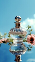 Obraz na płótnie Canvas Pink Perfume Bottle with Roses on Reflective Surface on a Clear Blue Sky Background
