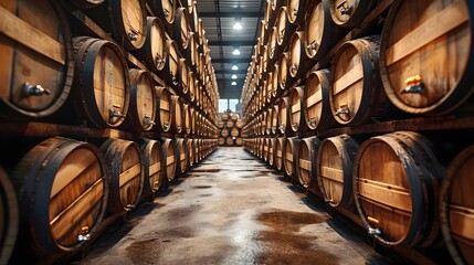 Immerse yourself in the world of spirits with our photo showcasing whiskey, bourbon, scotch, and wine barrels maturing gracefully in an aging facility. - obrazy, fototapety, plakaty