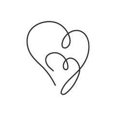 Two hearts in minimalist style. Continuous line doodle illustration. Relationships concept. Art linear drawing love symbol. Design element