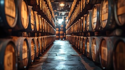 Explore the art of whiskey aging with this captivating image of barrels in a distillery. Discover the rich hues and craftsmanship in our collection.