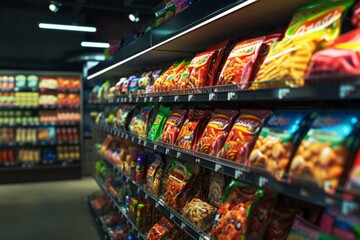 a supermarket with many aisles full of snacks Generative AI - obrazy, fototapety, plakaty