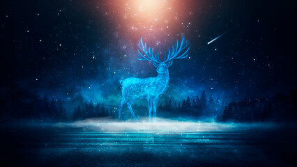 Fantasy night landscape, magical reindeer, blue neon.
