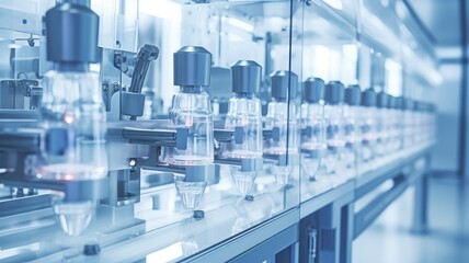 a medical ampoule production line within a state-of-the-art pharmaceutical factory, the intricate details of the medication manufacturing process in a modern setting.