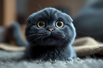 A Scottish Fold cat is artfully rendered in a delightful 3D cartoon style, featuring endearing big, bright eyes that enhance its innate cuteness and contribute to an enchanting feline character - obrazy, fototapety, plakaty