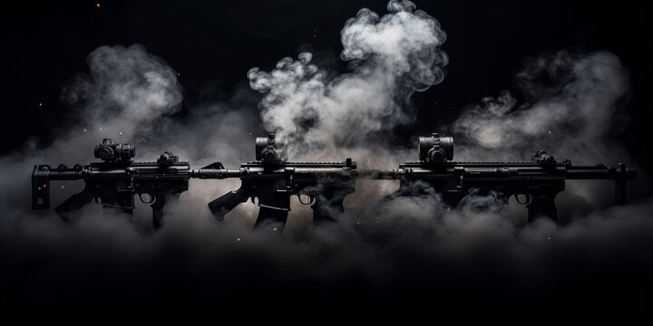 weapons in the white smoke, refile in the smoke in amazing style, weapons for wars, stylish weapons in the smoke, black weapon and smoke in the dark
