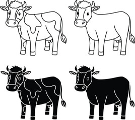 Cute Cow Clipart Set - Outline and silhouette