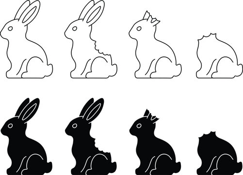Chocolate Easter Bunny With Bites Clipart Set - Outline and Silhouette