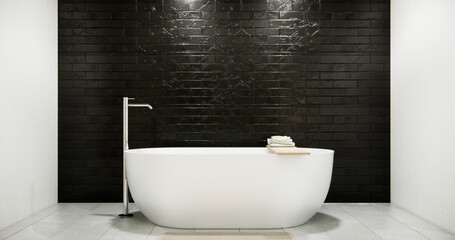 Fototapeta na wymiar Wooden and black granite wall in Japan bathroom modern Onsen minimal style