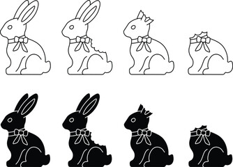 Half Eaten Chocolate Easter Bunny With Bow Clipart Set - Outline and Silhouette