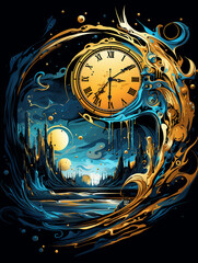 T-shirt design, surreal timepiece, melting clocks, Dali-inspired, dreamlike and distorted created with Generative Ai