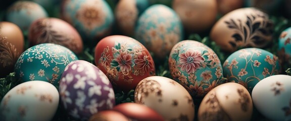 Fototapeta na wymiar Close-Up of Easter Eggs with Stunningly Detailed Floral Patterns 