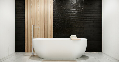 Fototapeta na wymiar Wooden and black granite wall in Japan bathroom modern Onsen minimal style