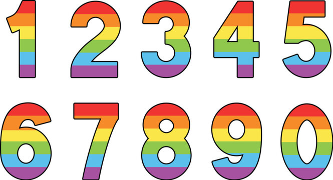 Rainbow Numbers Clipart Set with Black Outlines