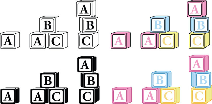 Pastel ABC Stacking Kids Blocks Vector Clipart - Outline, Silhouette & Color