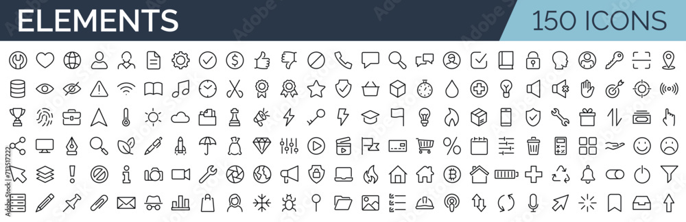 Poster set of 150 outline icons related to web elements, essentials. linear icon collection. editable strok