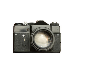 Small-format single-lens reflex camera with semi-automatic exposure control on a white background....