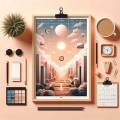 framed picture that shows a fantastical scene of a city in nature mockup on a peach background
