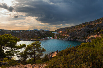 View of beautiful Anthony Quinn Bay beach and Ladiko beach. Seascape on the island of Rhodes Greece.