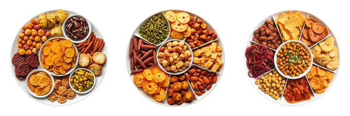 Set of spicy and soft Indian snacks on a plate  top view isolated on a transparent background