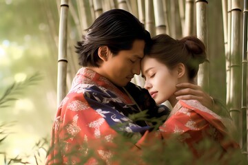 asian couple in Bamboo Forest wearing traditional Japanese kimono at Bamboo Forest in Kyoto, Japan
