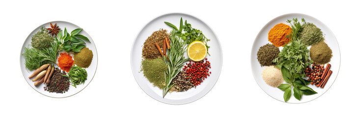 Set of spicy herbs on a plate  top view isolated on a transparent background