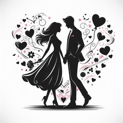 Valentine's day black silhouette of couple with hearts and a romantic mood,vector illustration background,IA generated 