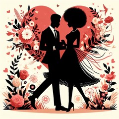 Valentine's day black silhouette of couple with hearts and a romantic mood,vector illustration background,IA generated 
