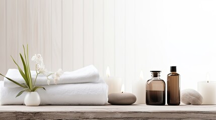 Fototapeta na wymiar beauty treatment items arranged on a white wooden table, including massage stones, essential oils, and sea salt, a serene spa atmosphere with ample copy space.