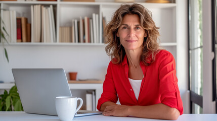 Woman working with her laptop in her home office, online work.