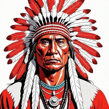 American Indian chief, Cherokee, muscular, front, white background, comic style. Native american red indian portrait, red indian cartoon vector art. Generative AI