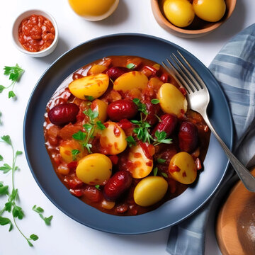 Plato con patatas y chorizo cocidos en su salsa